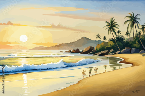 colorful sea landscape with island, morning on sea, wave, illustration, Oil painting paints on a canvas.