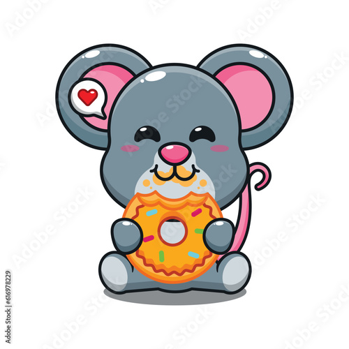 Fototapeta Naklejka Na Ścianę i Meble -  cute mouse eating donut cartoon vector illustration.