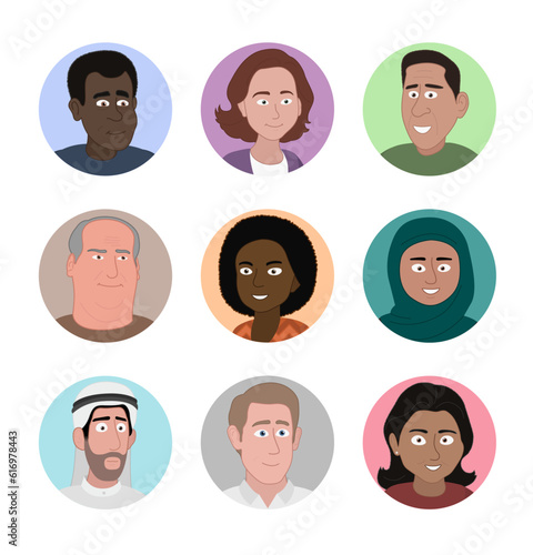Illustrated characters profile images. Cropped headshots for social media profile picture. Nine diverse colorful characters. Easy to edit with editable line strokes.
