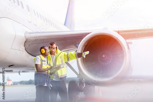 Air traffic control ground crew workers talking near airplane on airport tarmac photo