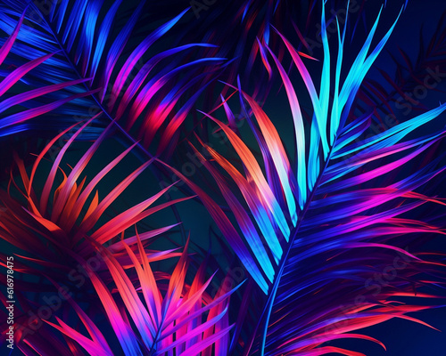 tropical background, jungle in neon light, palm tree leaf