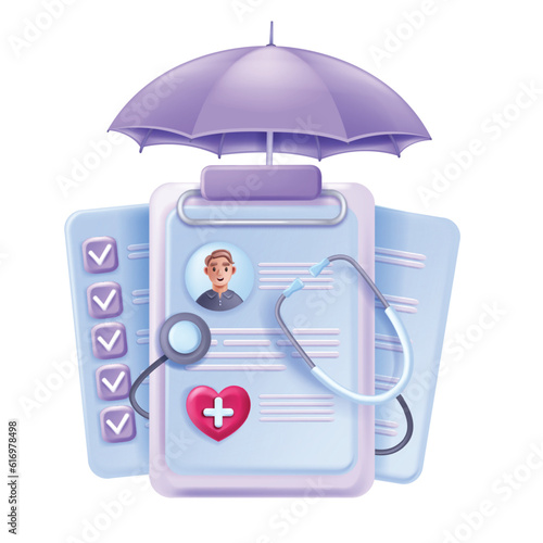 3D health insurance hospital concept, vector family healthcare polis patient medical card profile. Clipboard, medic document drug prescription, umbrella, clinic treatment information. Health insurance