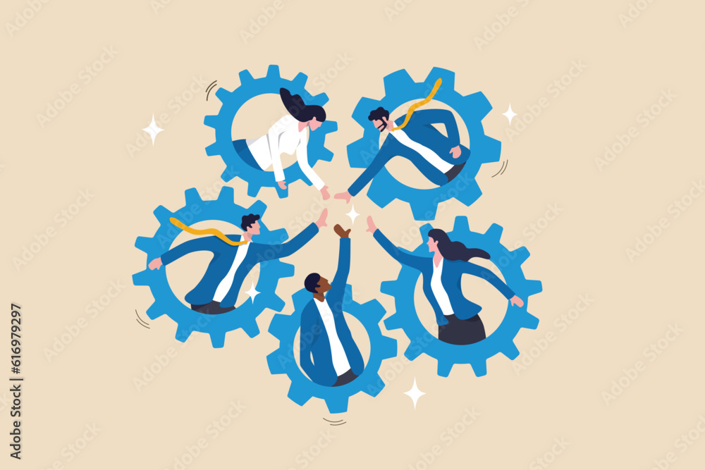 Team working together, teamwork, organization or employee collaboration for success, community or meeting agreement, cooperation concept, businessman woman, people on gear cogwheel working together. - obrazy, fototapety, plakaty 