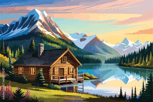 landscape of mountain lake cabin amidst lush forest and majestic peaks. Nature scene
