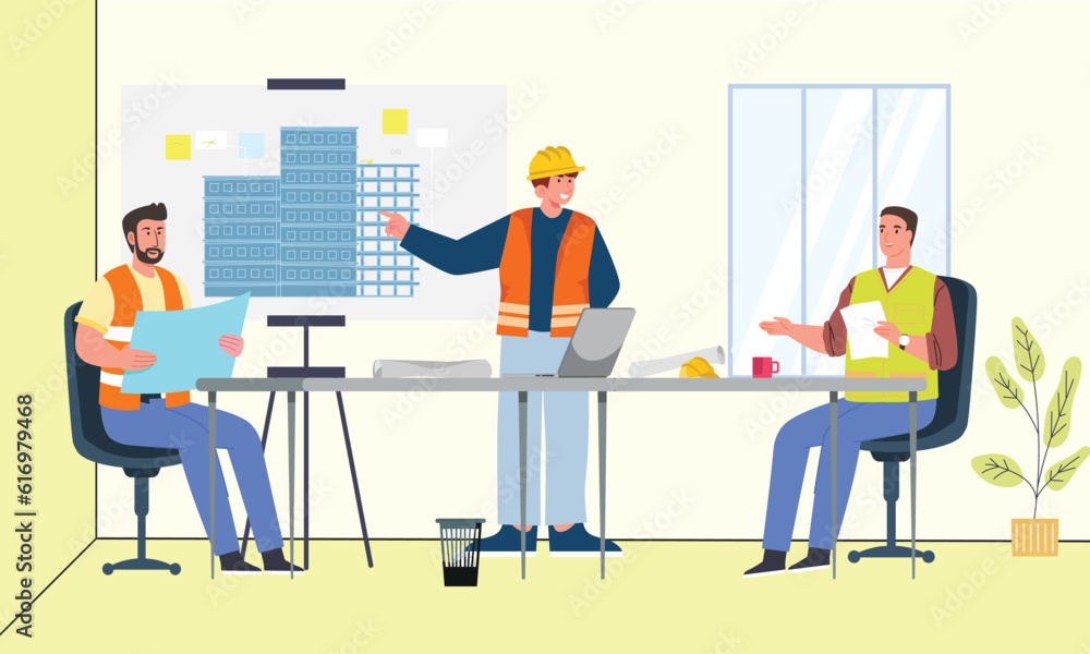 Architect and construction engineer meeting for project. civil engineer pointing at building model and blueprint plan Architect and construction engineer meeting for project. civil engineer pointing at building model and blueprint plan