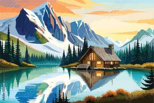 landscape of mountain lake cabin amidst lush forest and majestic peaks. Nature scene