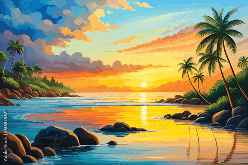 colorful sea landscape with island, morning on sea, wave, illustration, Oil painting paints on a canvas.