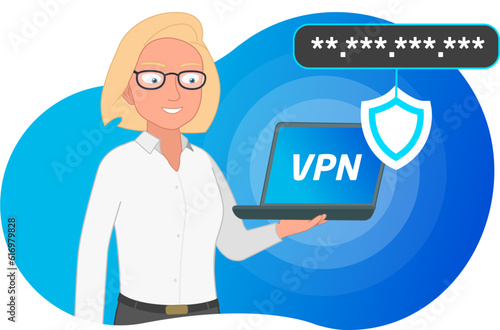 Illustration of business woman using a VPN to protect IP address and internet activity. Contained in an curved abstract shape with a gradient background.