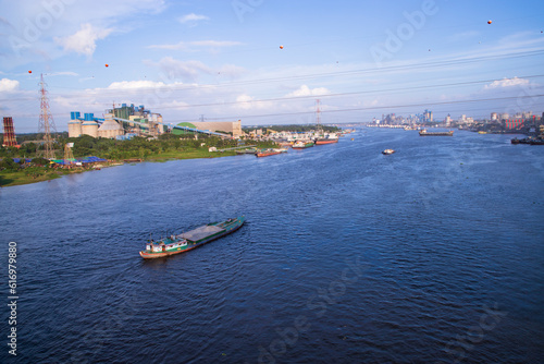 Aerial view of the river and industrial area with blue sky in Narayanganj-Bangladesh