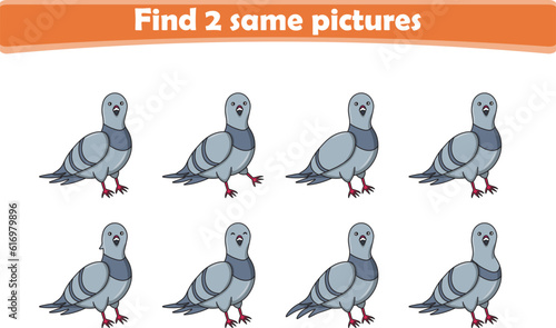 Funny cartoon dove. Find two same pictures. Educational game for children. Cartoon vector illustration