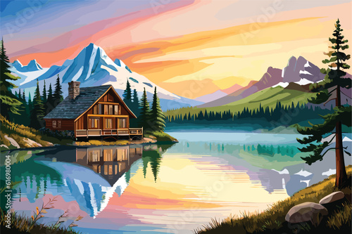 landscape of mountain lake cabin amidst lush forest and majestic peaks. Nature scene