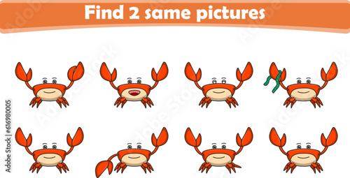 Funny cartoon crab. Find two same pictures. Educational game for children. Cartoon vector illustration
