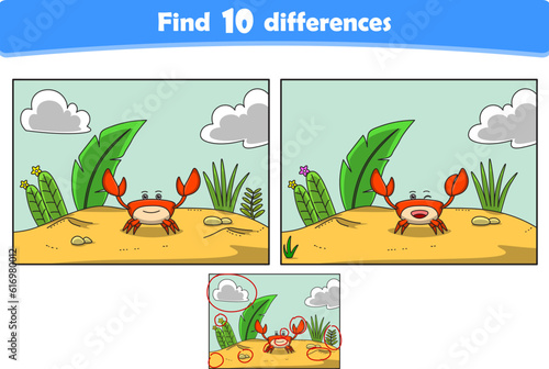 Funny cartoon crab. Find 10 differences. Kids Education games. Cartoon vector illustration