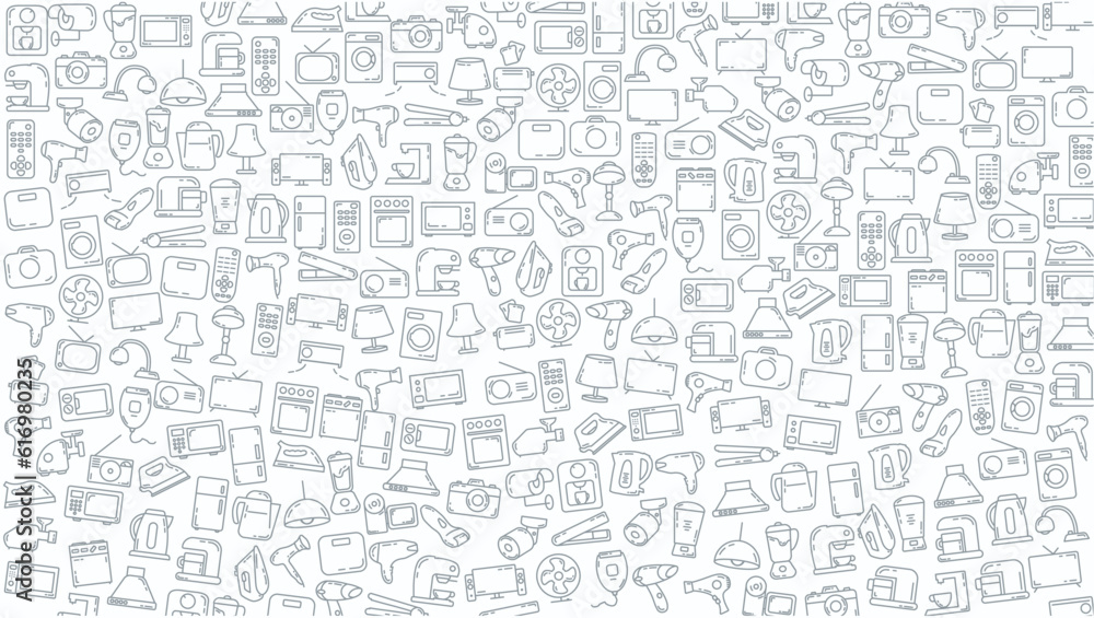 Household appliances doodle line icon background.