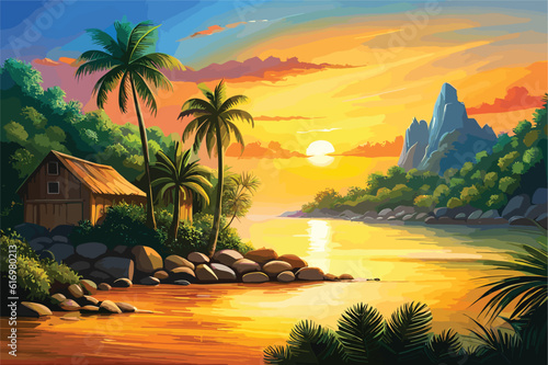 landscape of mountain lake cabin amidst lush forest and majestic peaks. Nature scene