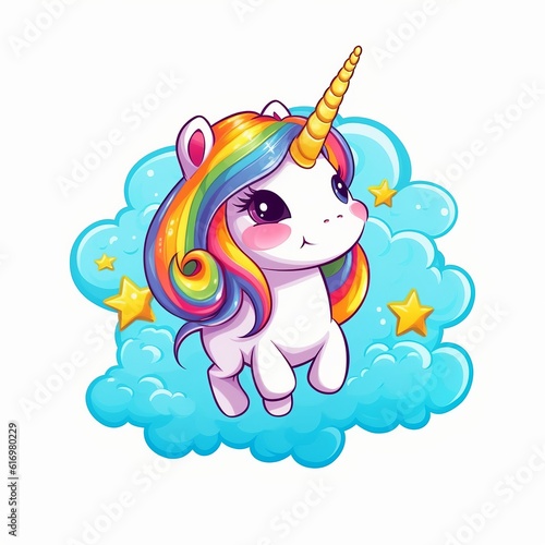 cartoon style illustration for cute flying unicorn in the sky with rainbow in background, Generative Ai