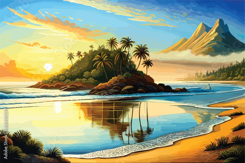 colorful sea landscape with island, morning on sea, wave, illustration, Oil painting paints on a canvas.
