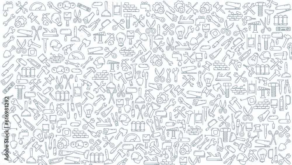 construction tools doodle line icon background.