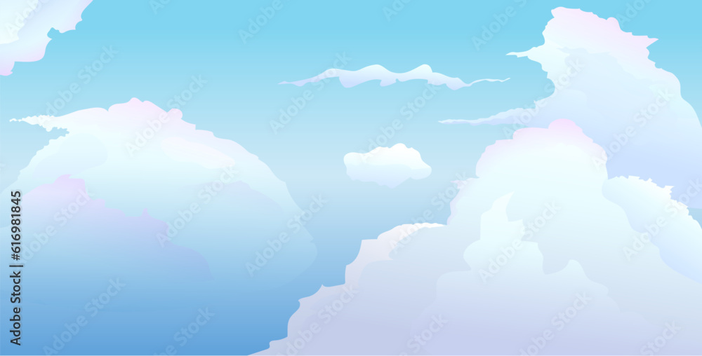 Clouds in Sky Modern Romantic Flat Wallpaper Design. Cloudscape or heaven concept, modern scenery illustration graphics of sky. Vector background graphic design in pastel colors.