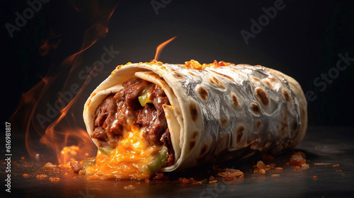 Delicious burito with beef and spicy sauce. AI Generative Image photo