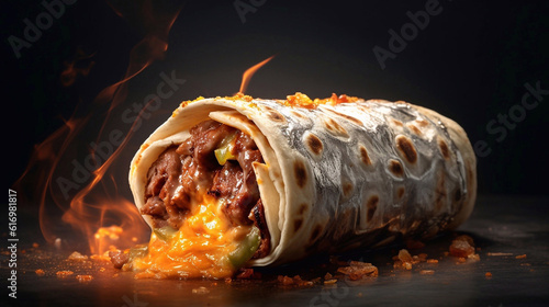 Delicious burito with beef and spicy sauce. AI Generative Image