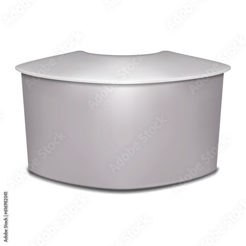 Blank portable pop-up exhibition counter on white background vector mockup. Round promotional table stand realistic mock-up. Template for design