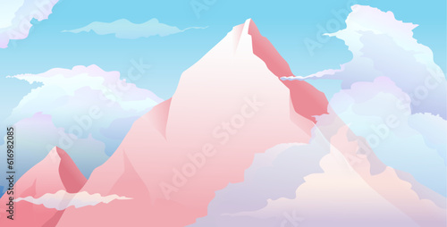 Mountain Peak in Clouds Modern Romantic Flat Wallpaper Design. Mountain landscape and cloudscape concept, modern scenery graphics of sky and hills. Vector background graphic design in pastel colors.