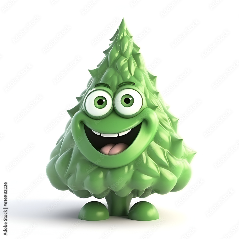 Cheerful smiling fir tree on a white background. Cartoon character. 3D style illustration. Cheerful smiling fir tree on a white background. Cartoon character. 3D style illustration.