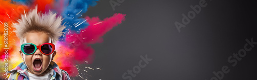 Banner Magazine style collage headshot portrait of rocky emotional baby blow mind, brain explosion of colors. Mind brain blowing concept, copy space,  made with Midjourney AI photo