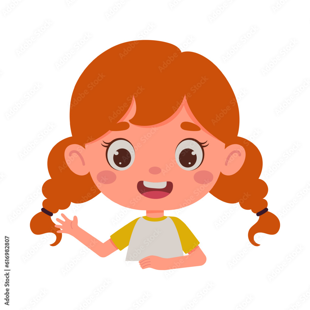 Cute cartoon little girl waving his hand. Little schoolgirl character. Template for children design. Vector illustration Cute cartoon little girl waving his hand. Little schoolgirl character. Template for children design. Vector illustration