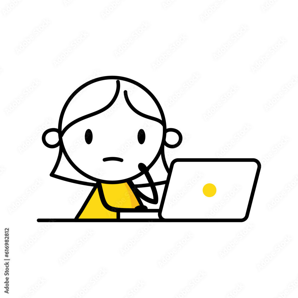 Unhappy woman with laptop busy to finish project within deadline. Tired office worker. Work stress, fatigue from overworked, anxiety or exhaustion, headache concept. Vector stock illustration Unhappy woman with laptop busy to finish project within deadline. Tired office worker. Work stress, fatigue from overworked, anxiety or exhaustion, headache concept. Vector stock illustration
