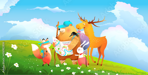 Summer Animals Adventures with Cute Bear Moose Bunny and Fox. Hiking and Exploring Nature  storytelling illustration for kids in watercolor style. Wildlife vector cartoon for children.