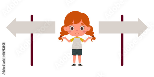 Cute little girl looking at road sign and decide the right way. Template for children design. Cartoon schoolgirl character. Vector illustration