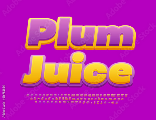 Vector advertising Banner Plum Juice. Creative modern Font. Colorful Alphabet Letters, Numbers and Symbols