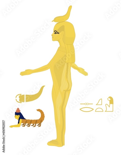 An illustration of Serket in gold with a scorpion crown and other symbols, the goddess of healing from venomous bites