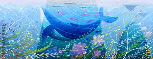 Underwater Scenery Whale Corals and Fishes Drawing. Ocean and sea marine life, deep blue diving concept. Aquatic environment hand drawn illustration in pastel colors. Vector panoramic background.