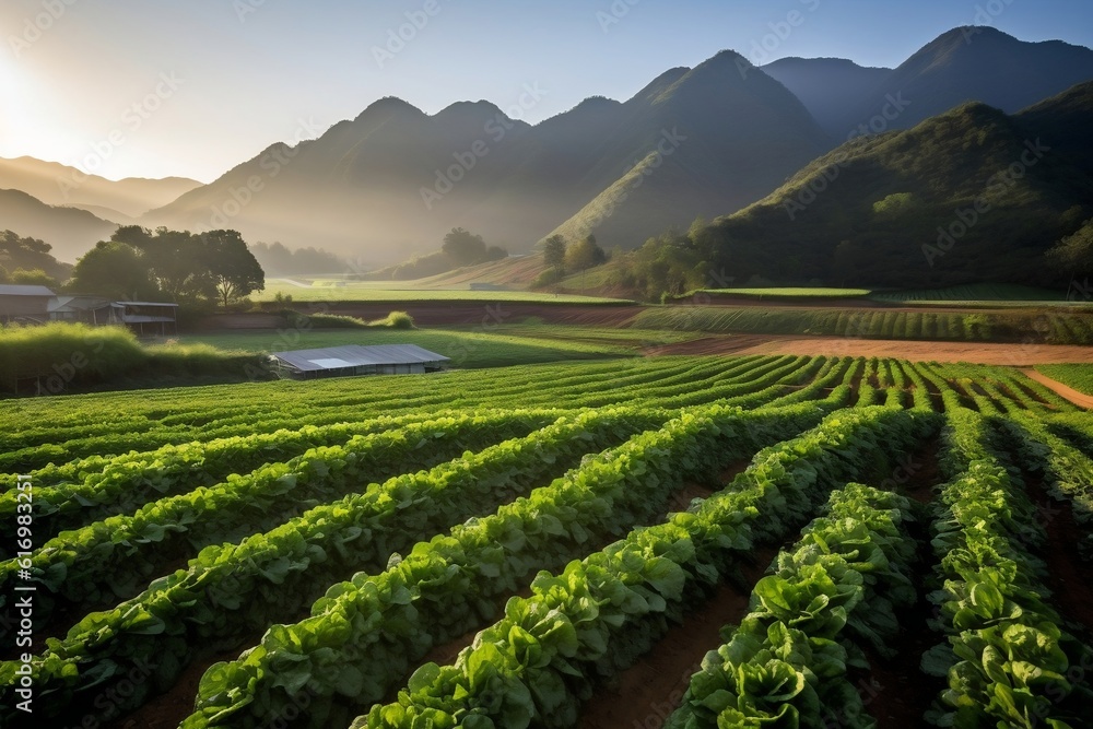 Organic Lettuce Field Sustainable Farming Amidst Morning Mountainscape, Generative AI