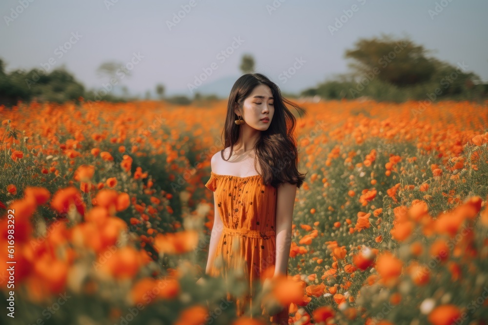 Beautiful asian girl in orange dress walking in poppy field. Generative AI Beautiful asian girl in orange dress walking in poppy field. Generative AI