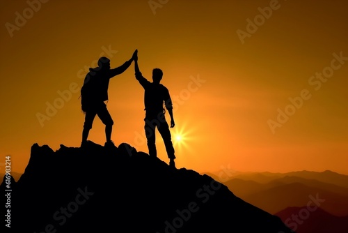 Triumph of Achievement Silhouette of Two Hikers Celebrating Success atop a Mountain, Generative AI