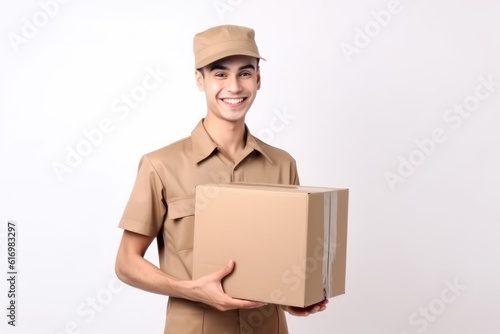 Delivery man holding parcel box on white background. Delivery service concept. Generative AI © LAYHONG