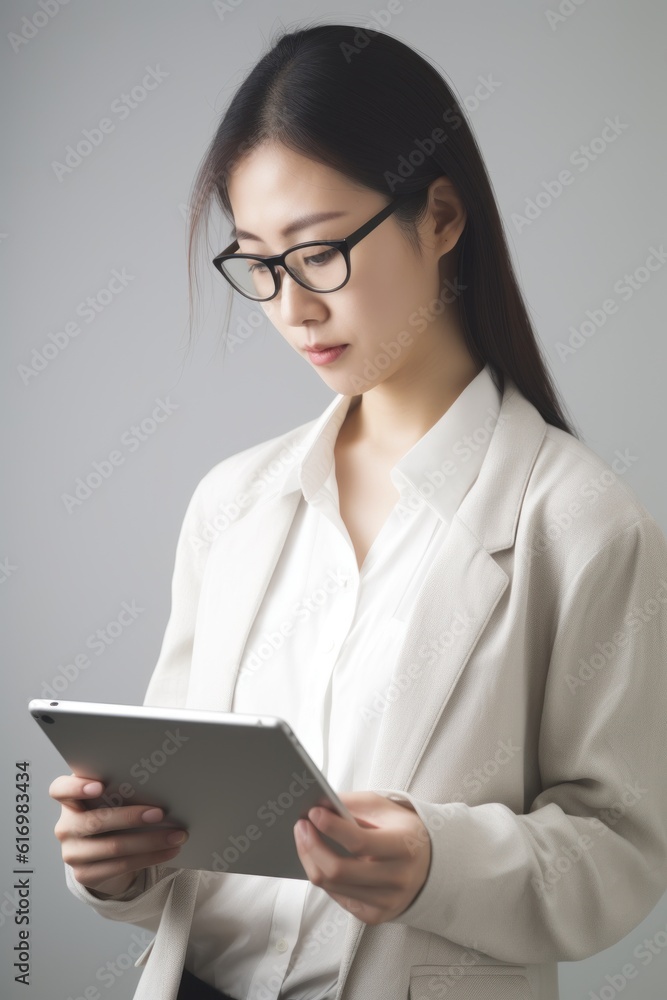 Beautiful asian businesswoman using tablet computer on gray background. Generative AI Beautiful asian businesswoman using tablet computer on gray background. Generative AI