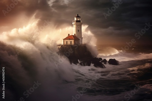 Tempestuous Sea Majestic Waves Crashing Against the Lighthouse, Generative AI