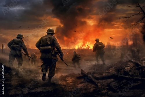 World War II Battlefield Courageous Soldiers in Action, Generative AI