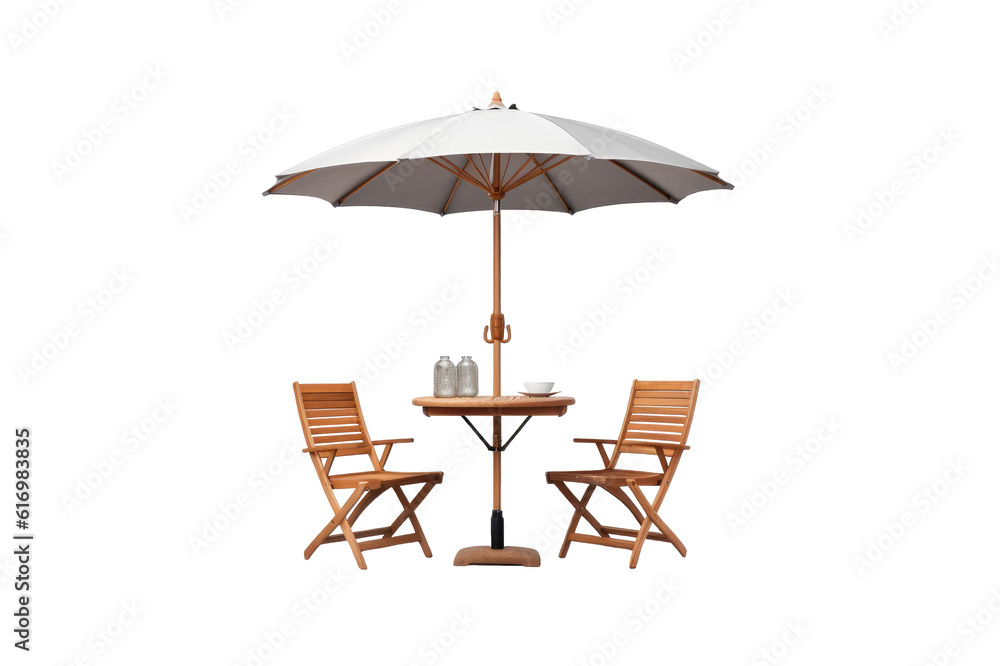 Wooden terrace table with two chairs and umbrella on cutout PNG transparent background. Generative AI Wooden terrace table with two chairs and umbrella on cutout PNG transparent background. Generative AI