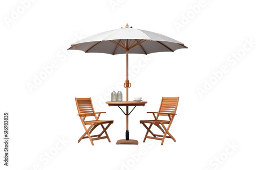 Wooden terrace table with two chairs and umbrella on cutout PNG transparent background. Generative AI