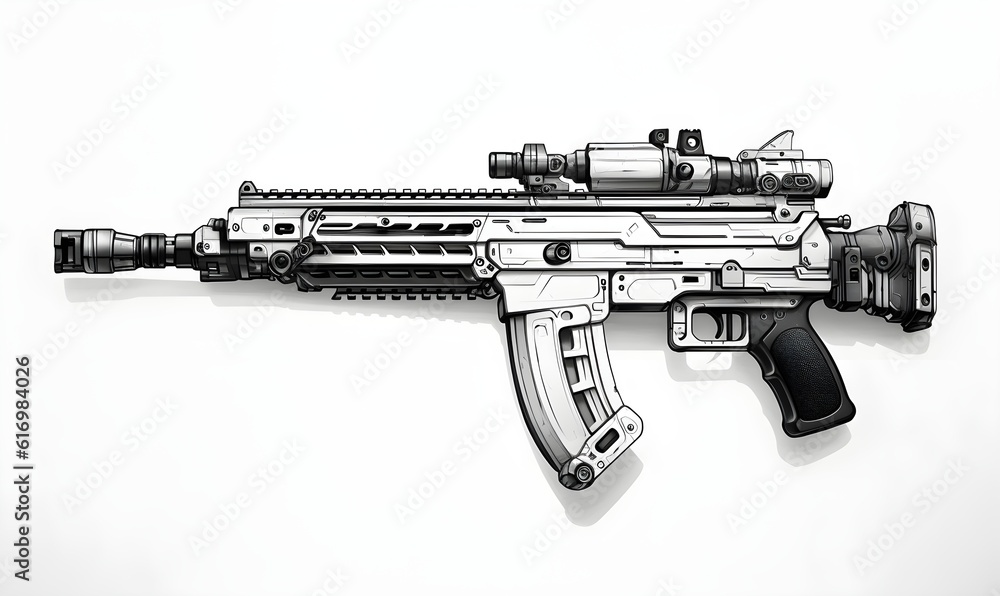 gun, white background, black and white, style in illustration gun, white background, black and white, style in illustration