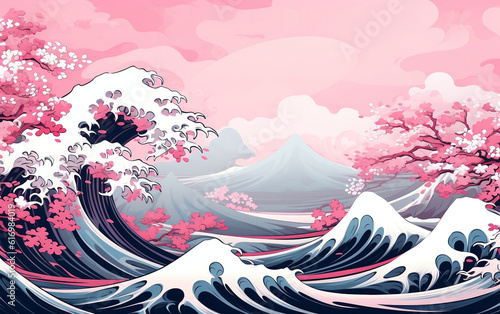 Abstract Hokusai style background. Waves, sea, pink sakura trees.