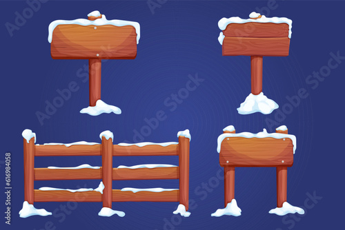 Wooden blank, signboard and fence with snow in cartoon style.Empty frame, direction plank isolated on white background. Game element Season decoration