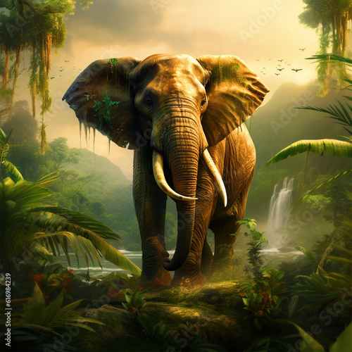 Elephant in rainforest jungle background - ai generative photo