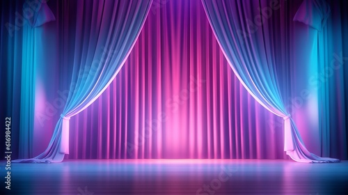 A stage draped with a captivating curtain bright lights, creating an enchanting backdrop for the presentation, Generative Ai